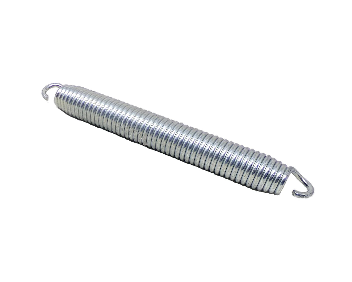 A silver metal coiled spring with hook ends, shown diagonally on a plain white background.