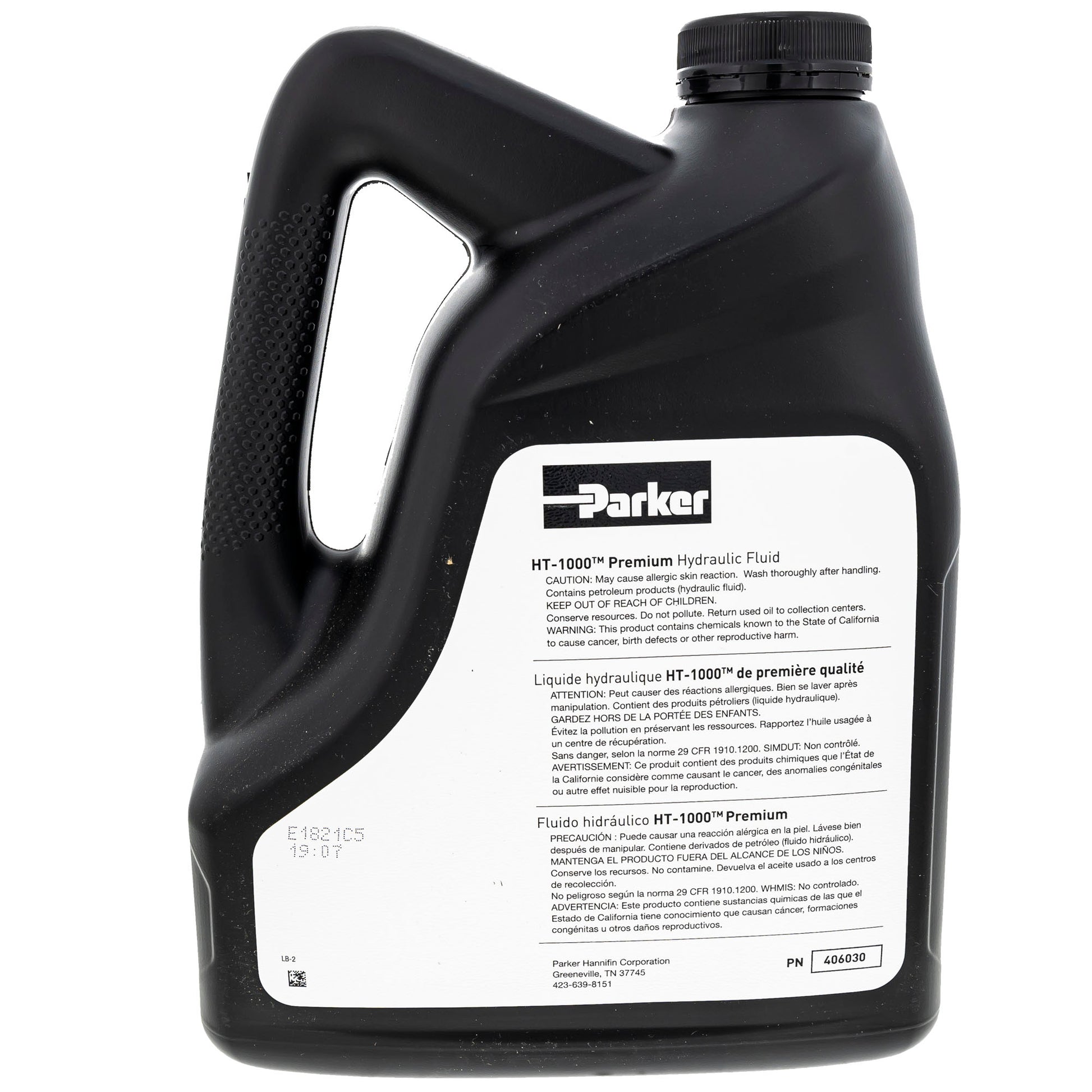 Black container of Parker HT-1000 premium hydraulic fluid on a white background