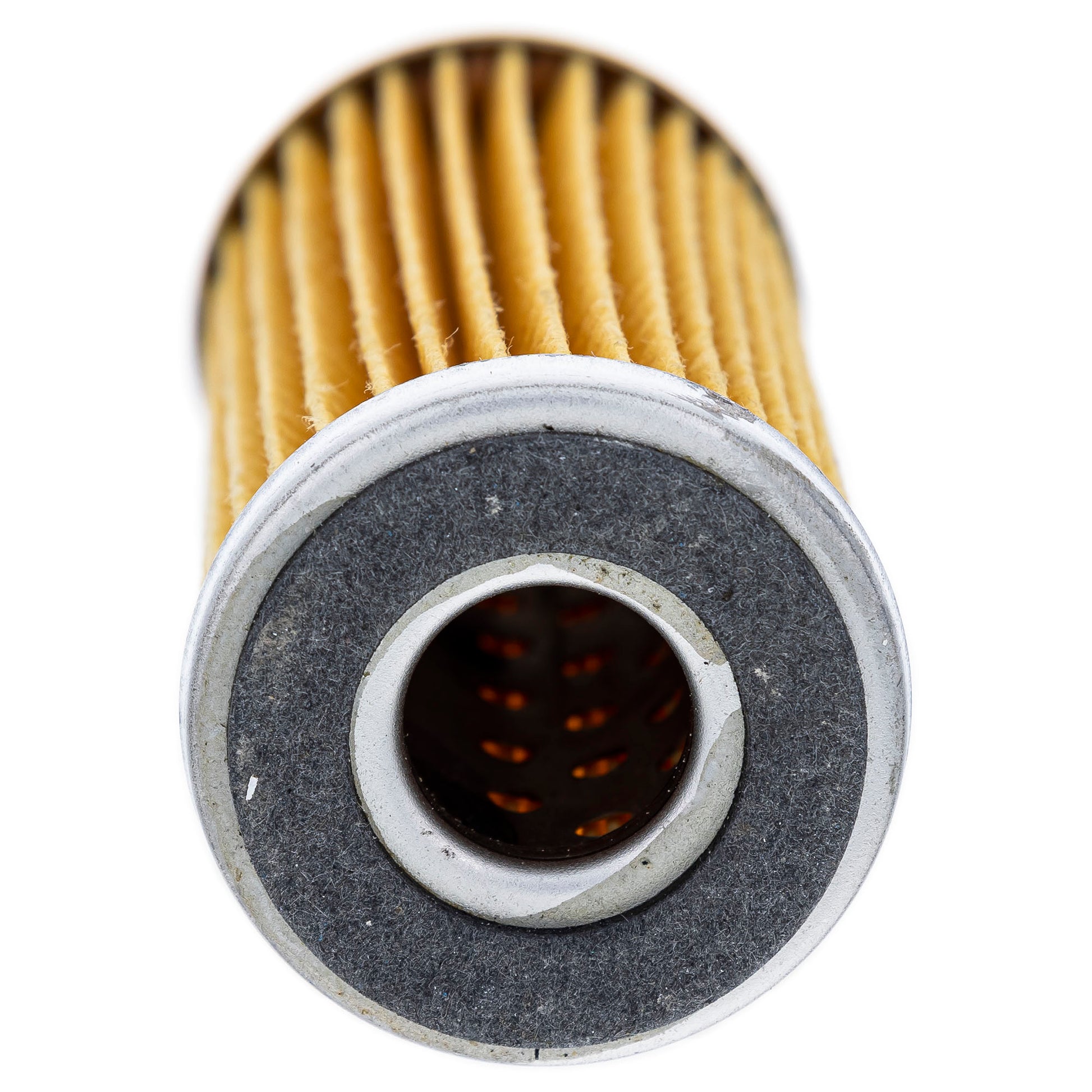Close-up of a cylindrical oil filter with a metallic top and black center on a white background.