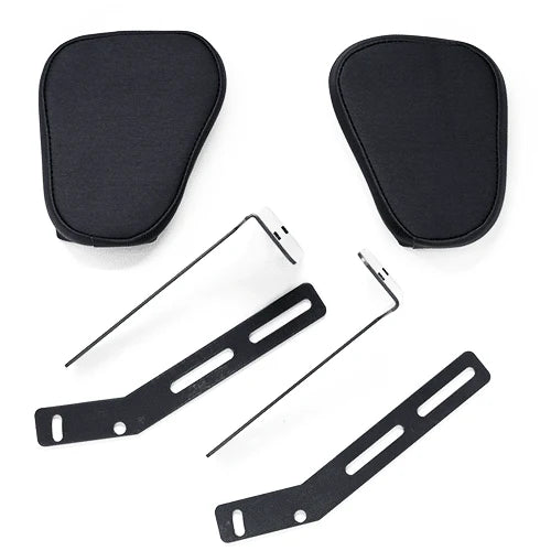 Black motorcycle or scooter seat pad kit with two padded cushion covers and two mounting brackets on a white background.