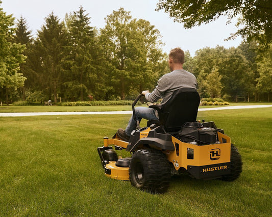 Person using a yellow Hustler riding lawn mower on a green lawn with trees in the background