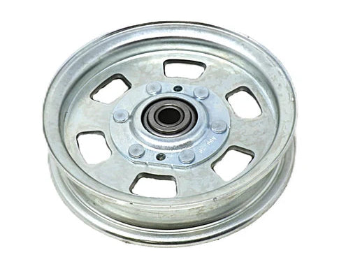 A galvanized steel pulley wheel with a central bearing, shown from a top-down perspective on a white background.