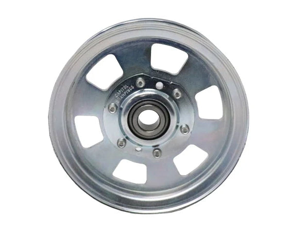 A silver metal pulley wheel with a central bearing and five cutout slots, shown against a plain white background.