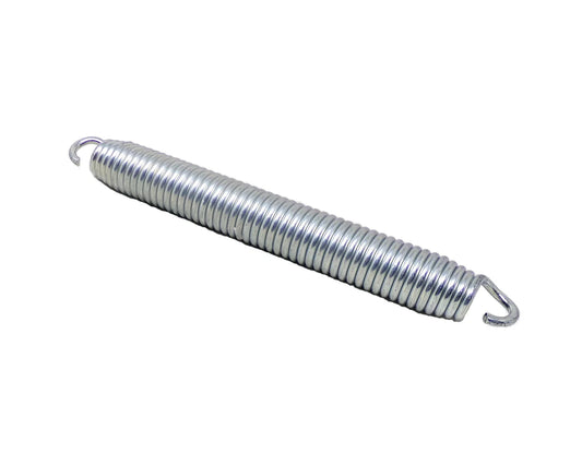 A silver metal coiled spring with hook ends, shown diagonally on a plain white background.