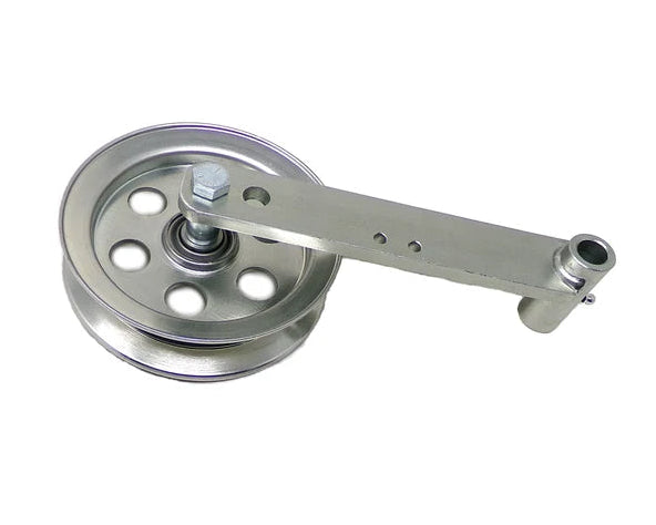 A polished steel pulley and bracket assembly with a hex bolt, shown on a plain white background.