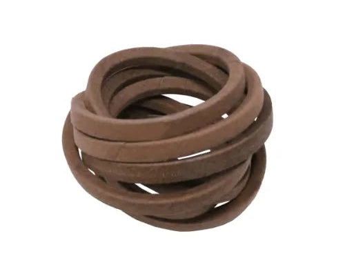 A coiled bundle of brown rubber bands or elastic loops on a plain white background.
