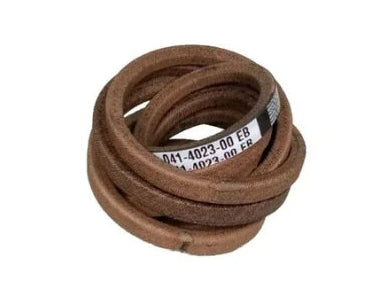 A coiled brown leather strap or cord with a white paper label wrapped around it, shown on a plain white background.