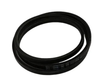 A black rubber conveyor belt with white printed specifications on its side, coiled on a plain white background.