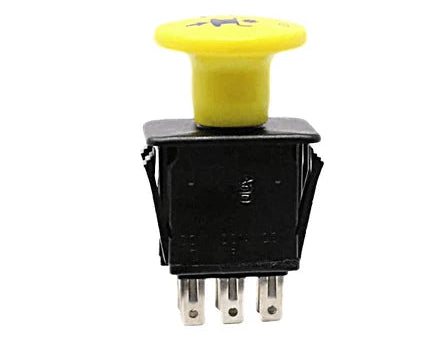 A small black electrical toggle switch with a bright yellow mushroom-shaped button and three metal terminal pins at the bottom, shown on a plain white background.