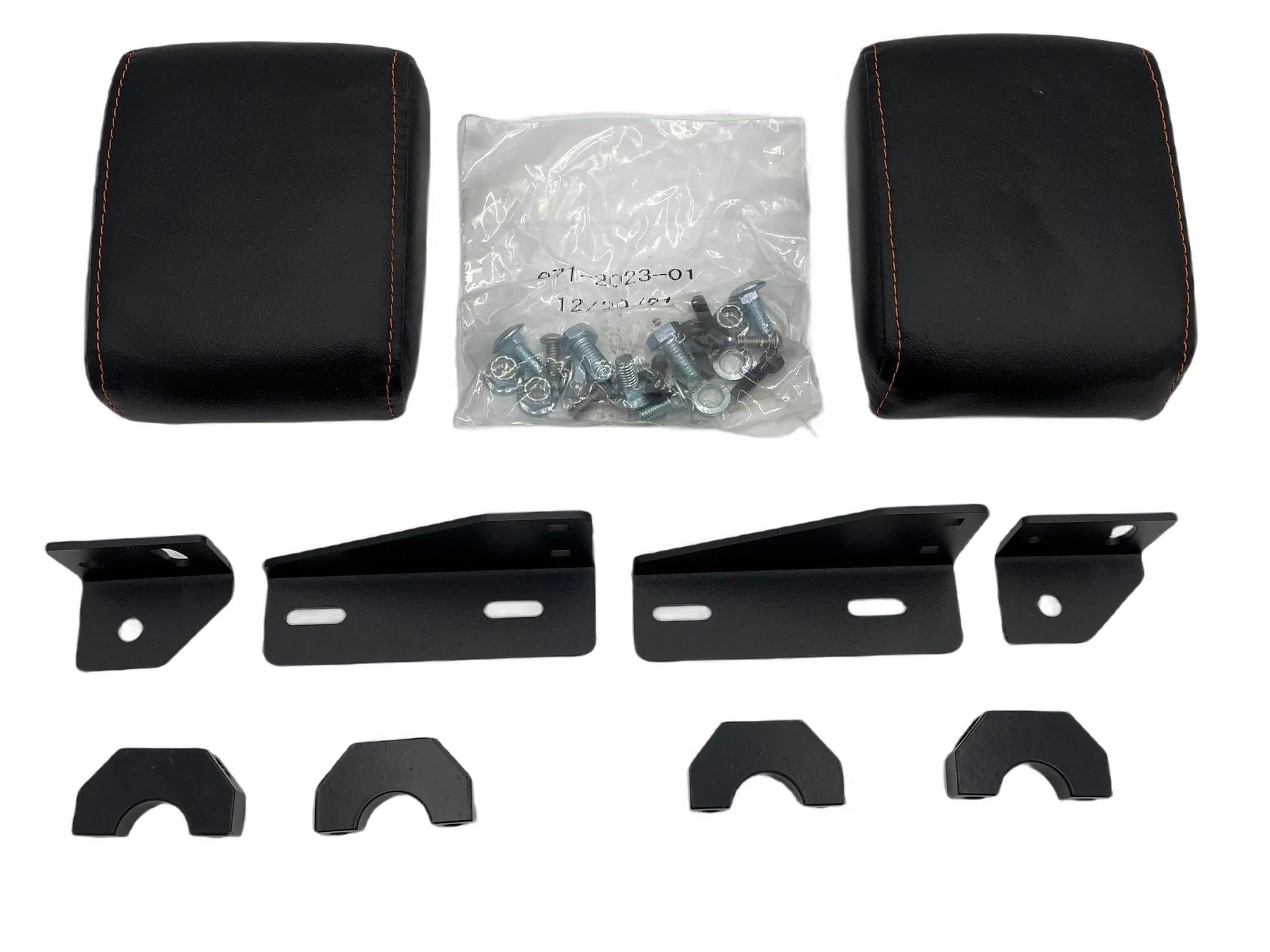 Set of black car headrests and mounting brackets with a clear plastic bag containing screws on a white background.