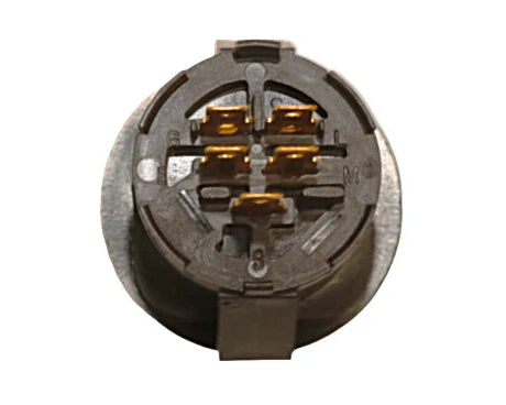 A circular metal electrical connector with six gold-colored screw terminals on a plain white background.