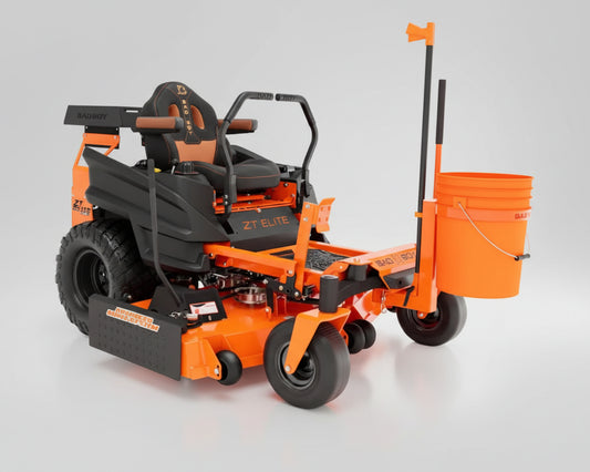 Orange and black zero-turn lawn mower with a bucket attachment on a white background