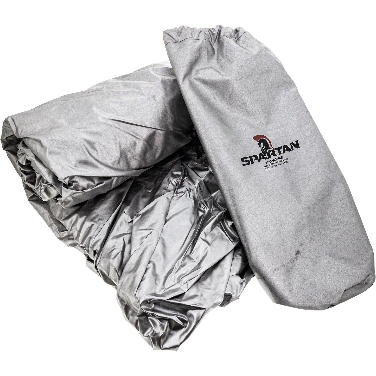 Silver mower cover with Spartan logo on a white background