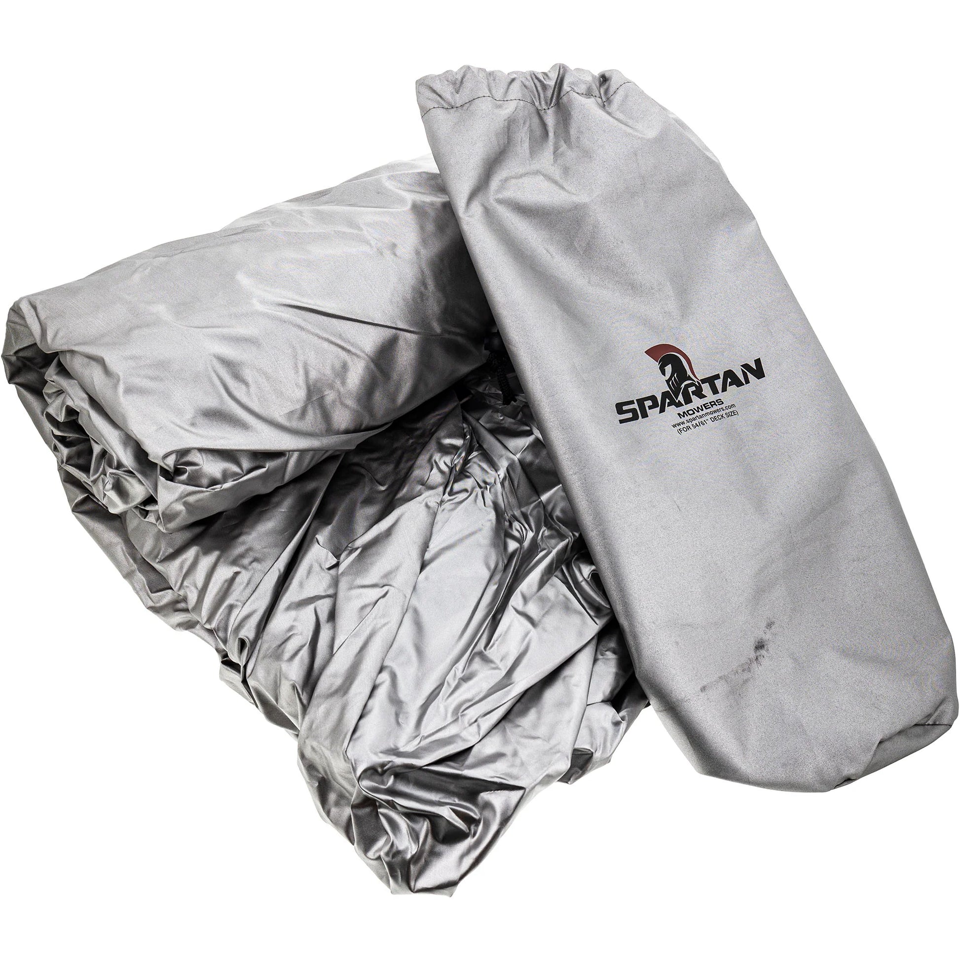Silver mower cover with Spartan logo on a white background