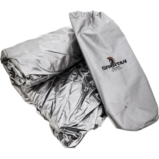 Silver mower cover with Spartan logo on a white background