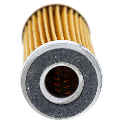 Close-up of a cylindrical oil filter with a metallic top and black center on a white background.