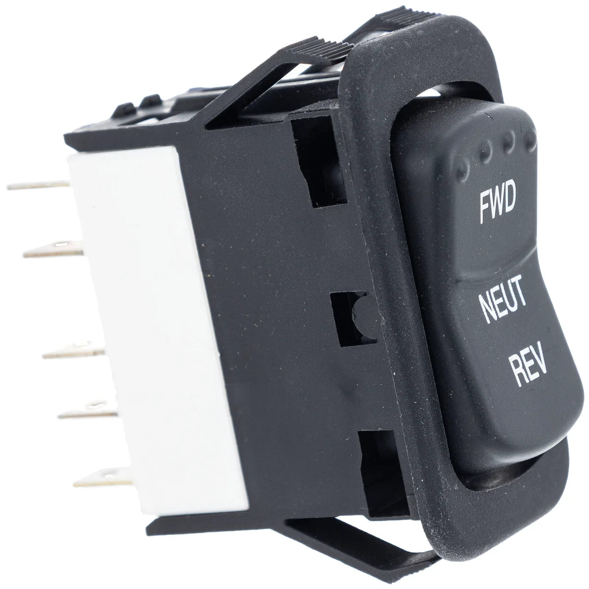 A black plastic multi-terminal switch with three labeled positions: FWD, NEUT, and REV, shown on a white background.