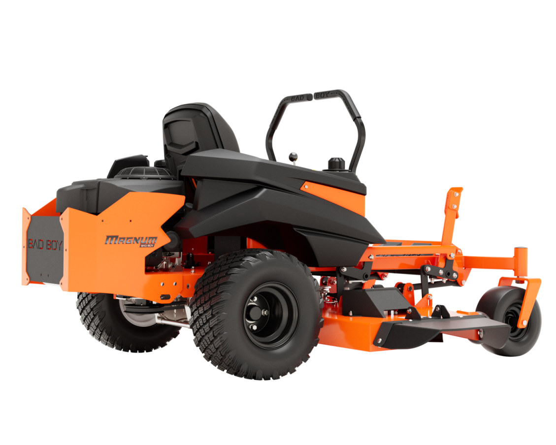 Orange and black riding lawn mower on a white background