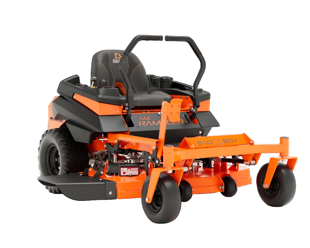 Orange and black lawn mower on a gray background