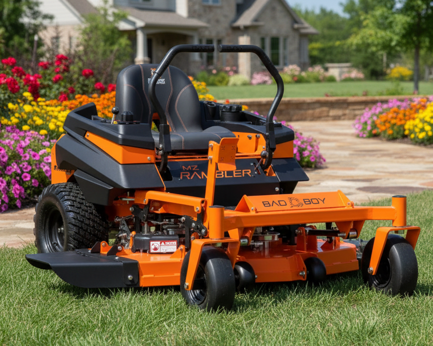 Orange and black zero-turn lawn mower on a white background