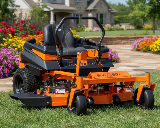 Orange and black zero-turn lawn mower on a white background