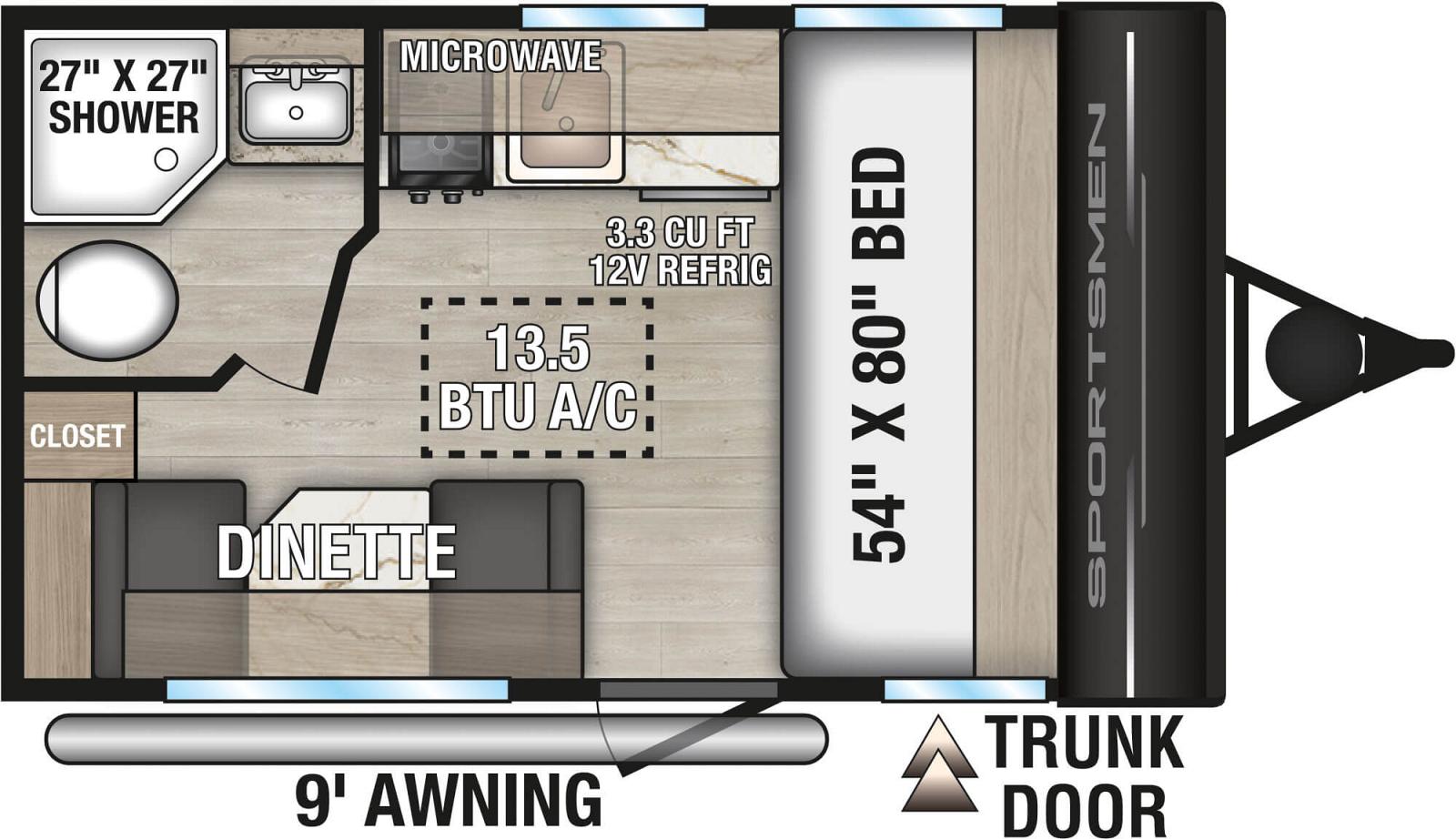 Floor plan diagram of a small living space with labeled features, including dimensions and appliances.