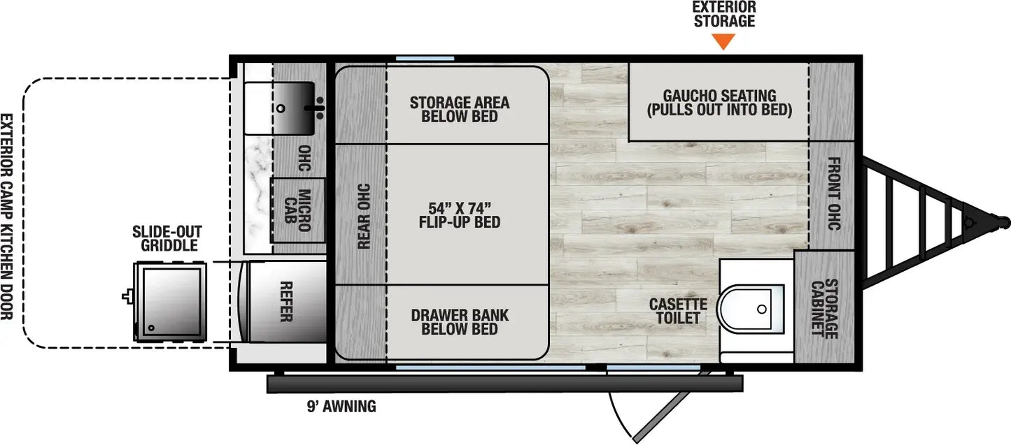 Floor plan diagram of a camper with labeled sections.