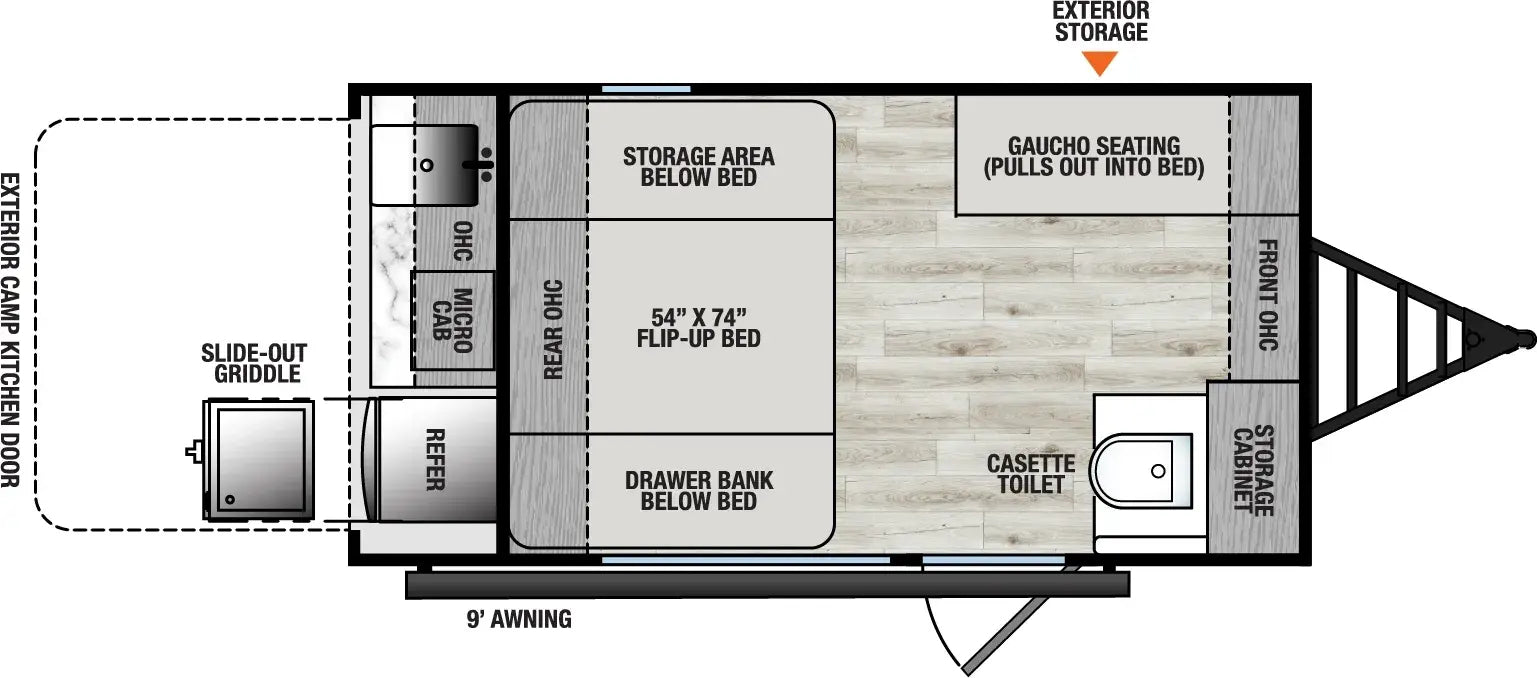 Floor plan diagram of a camper with labeled sections.