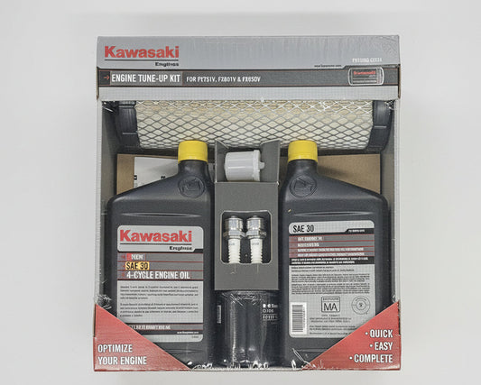 Kawasaki engine tune-up kit packaging with oil bottles and filters.