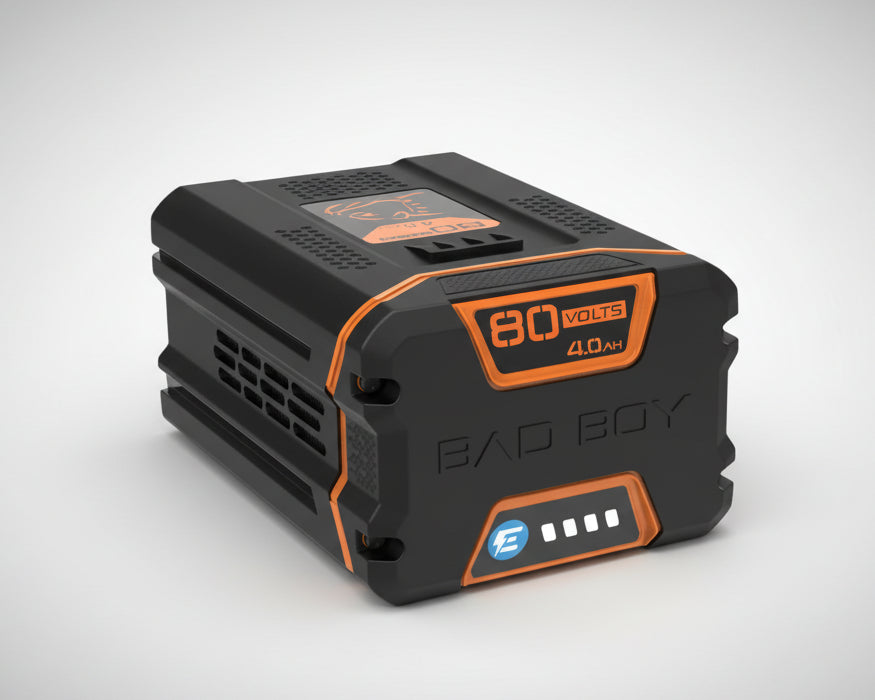 Black and orange battery pack with 'Bad Boy' branding on a white background