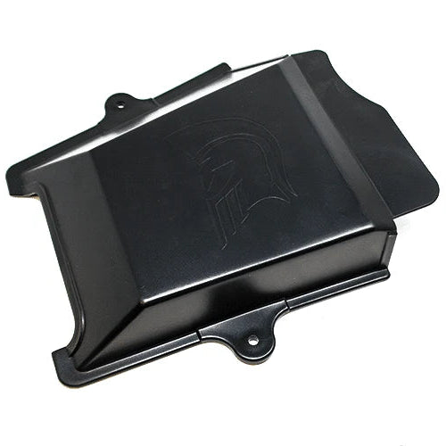 Black metal protective cover with a logo on a white background