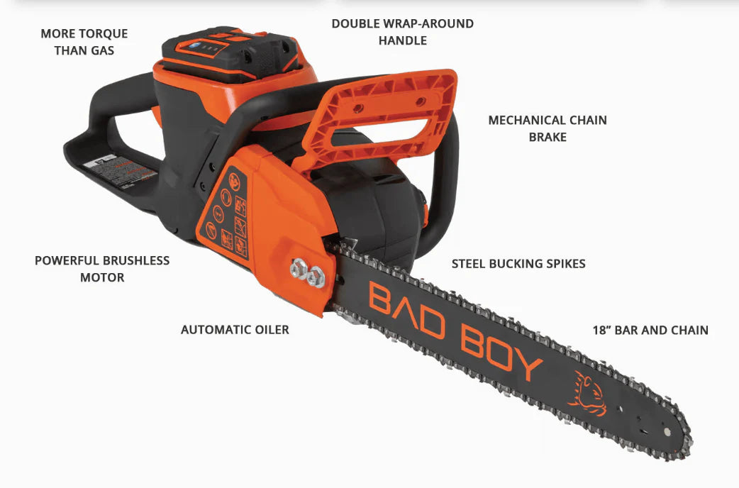 Orange chainsaw with features highlighted on a white background
