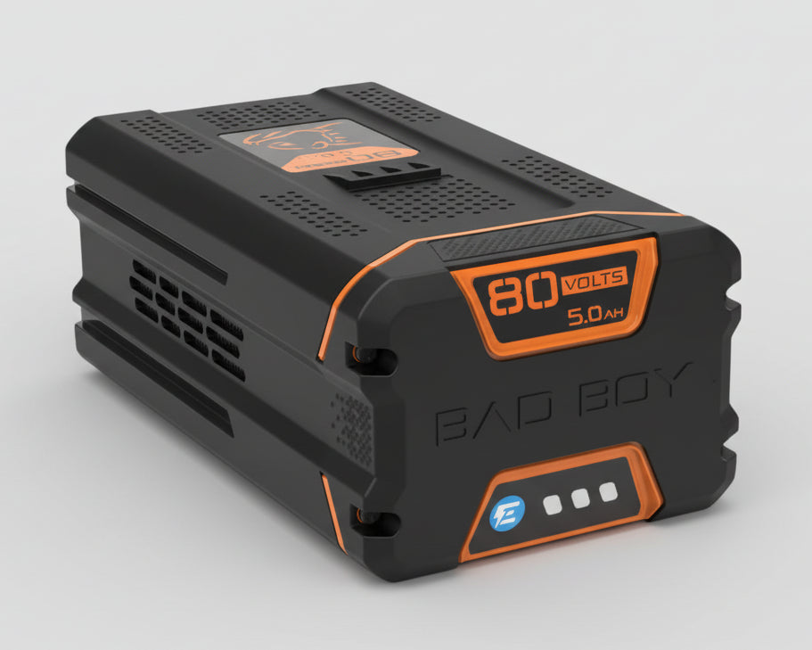 Black and orange battery pack with 'Bad Boy' branding on a white background