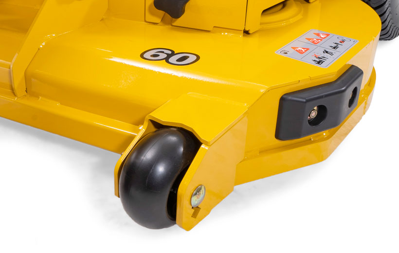 Close-up of a yellow piece of equipment with a wheel and visible branding on a white background