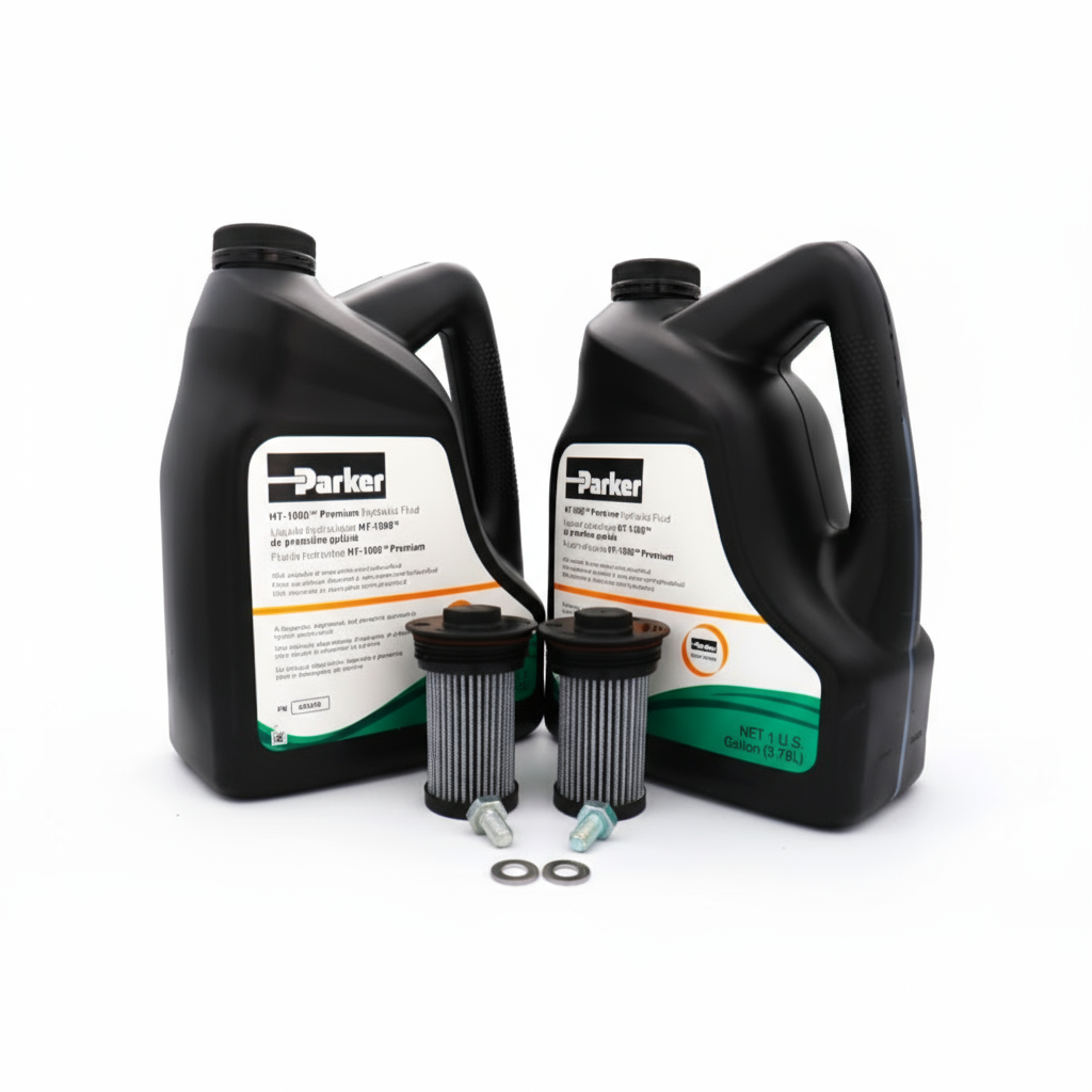 Two black oil containers with filters and bolts on a white background, featuring the Parker brand.