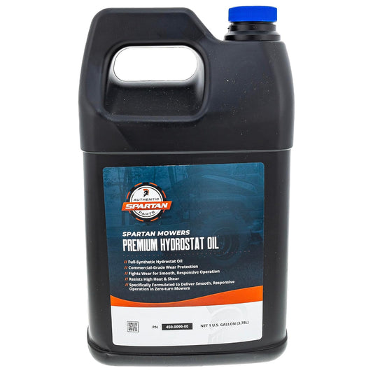 A black plastic jug of Spartan Mowers Premium Hydrostat Oil with a blue cap and a large blue, black, and orange label, shown on a white background.
