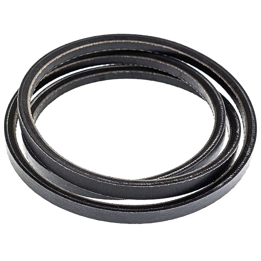 A coiled black rubber or vinyl belt with a ribbed texture, photographed on a solid white background.