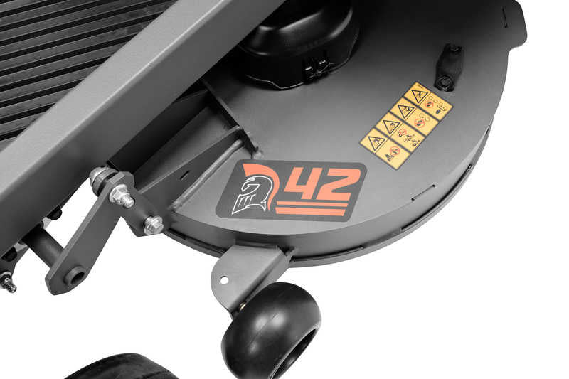 Close-up of a lawn mower deck with '42' branding on a white background