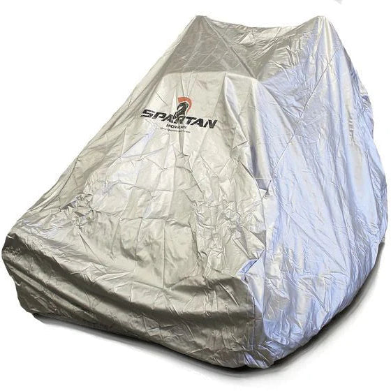 Silver mower cover with Spartan logo on a white background