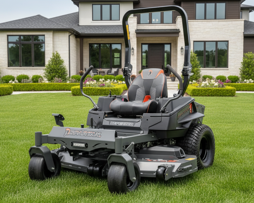 Zero-turn lawn mower on a well-maintained lawn in front of a house