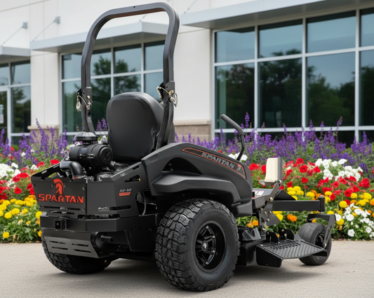 Black Spartan zero-turn lawn mower on a white background