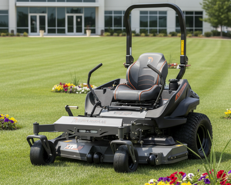 Zero-turn lawn mower on a well-maintained lawn with flowers and a building in the background