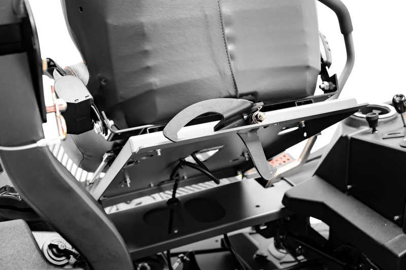 Close-up of a mechanical chair with metal components and a cushioned seat.