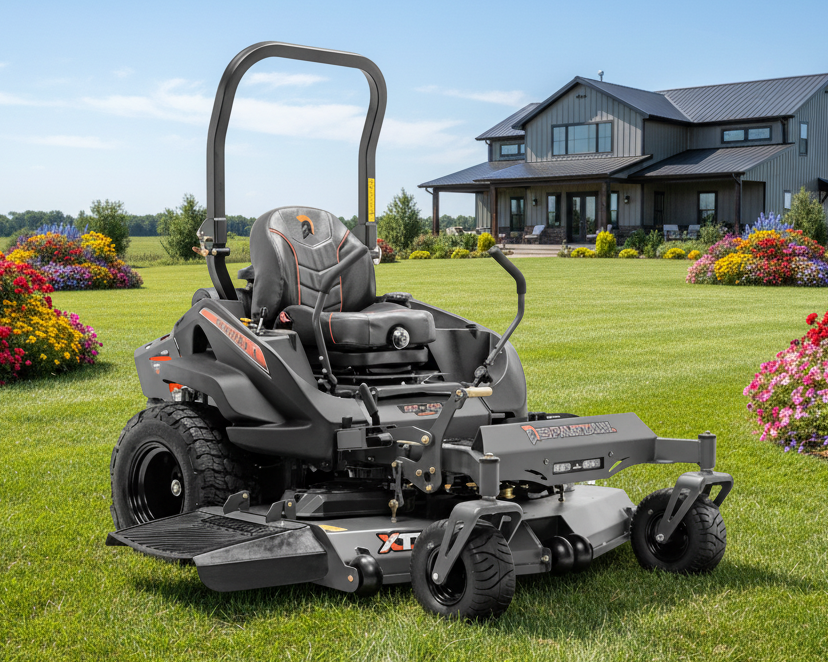Gray zero-turn lawn mower on a white background