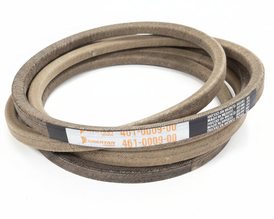 A coiled heavy-duty industrial belt with a white paper label showing the brand 'SpARTAN' and part number '461-0009-00', photographed on a gray concrete floor.