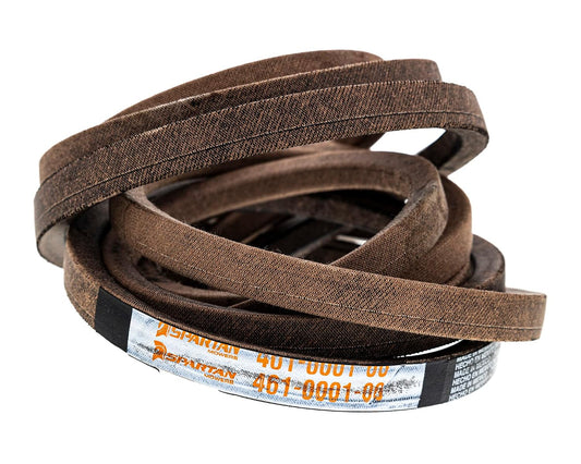 A coiled brown flat rubber belt with a white paper label showing orange text, photographed on a plain white background.