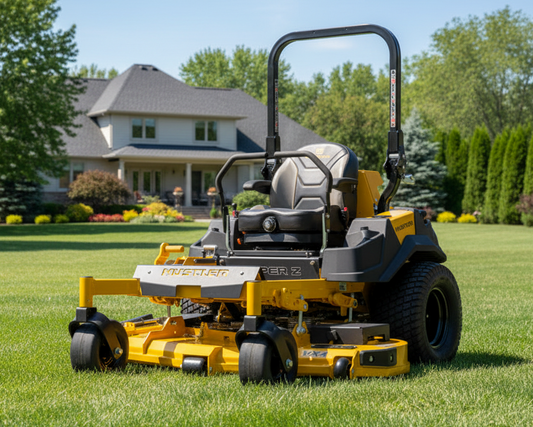 Yellow and black riding lawn mower on a grassy lawn with a house in the background