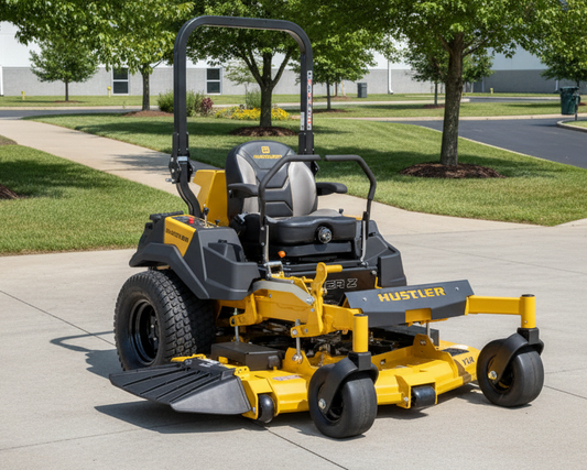 Yellow and black Hustler zero-turn lawn mower on a white background