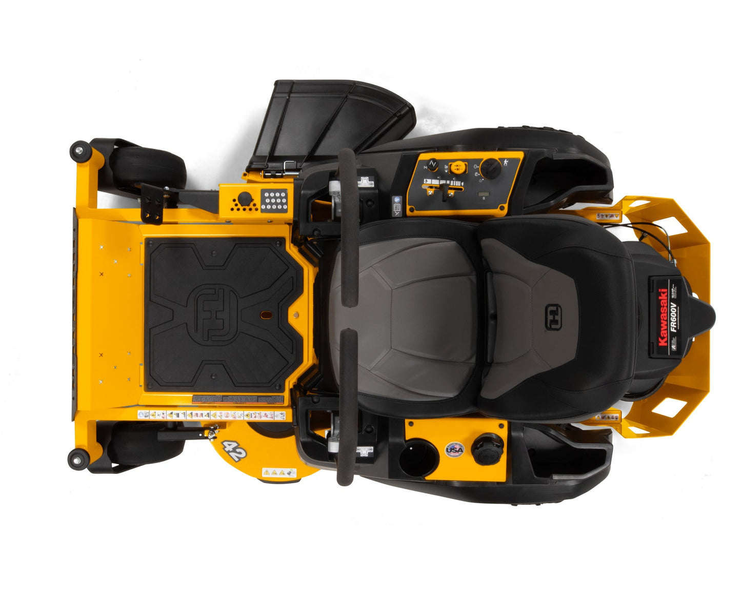 Top view of a yellow and black riding lawn mower on a white background