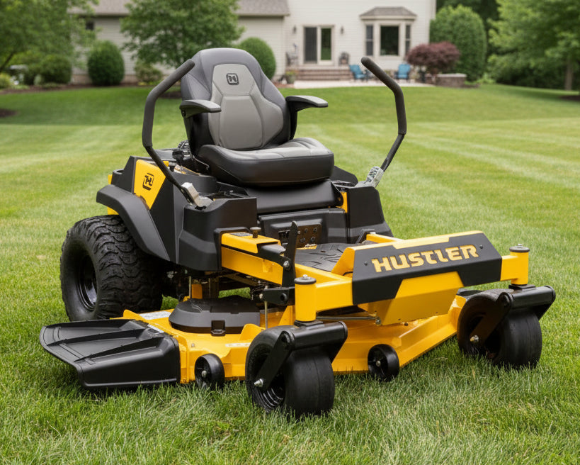 Yellow and black Hustler riding lawn mower on a grassy lawn with a house in the background